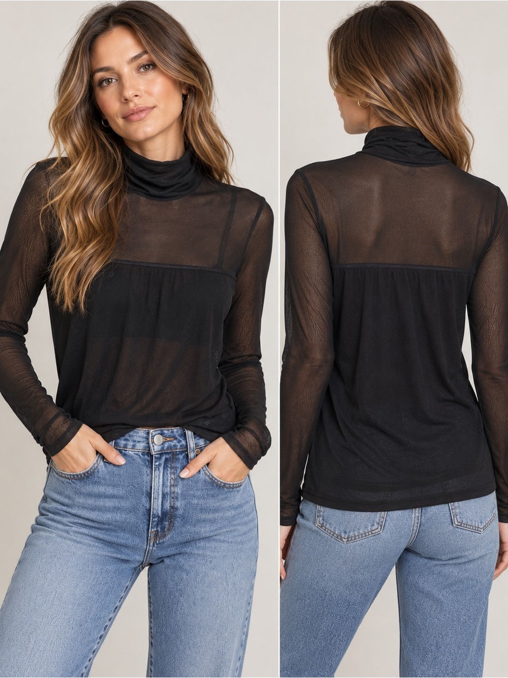 Patrizia Luca Black Sheer Mesh Turtleneck Long Sleeve Top Size L grunge rocker